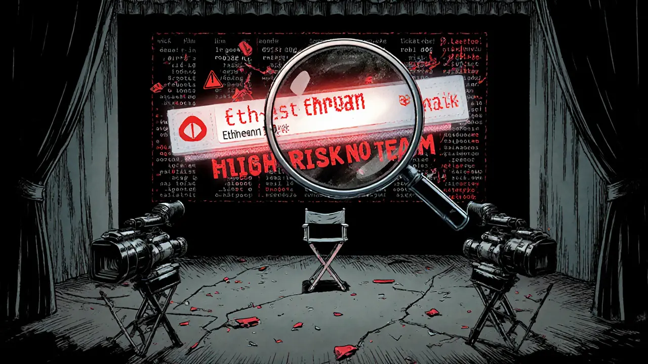 A broken digital ledger floats above an empty film set with warning symbols glowing over corrupted data.