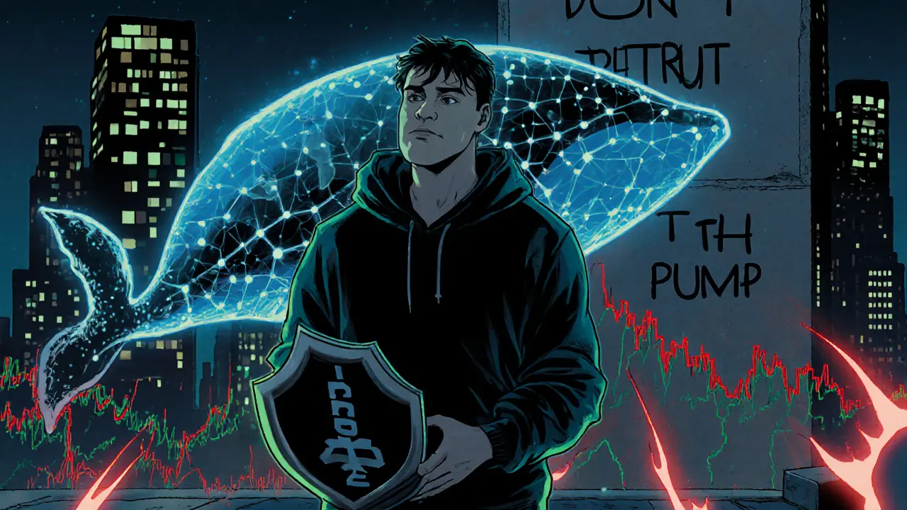 A calm trader watches a digital whale swim through a city of candlestick charts, holding a limit order as protection.