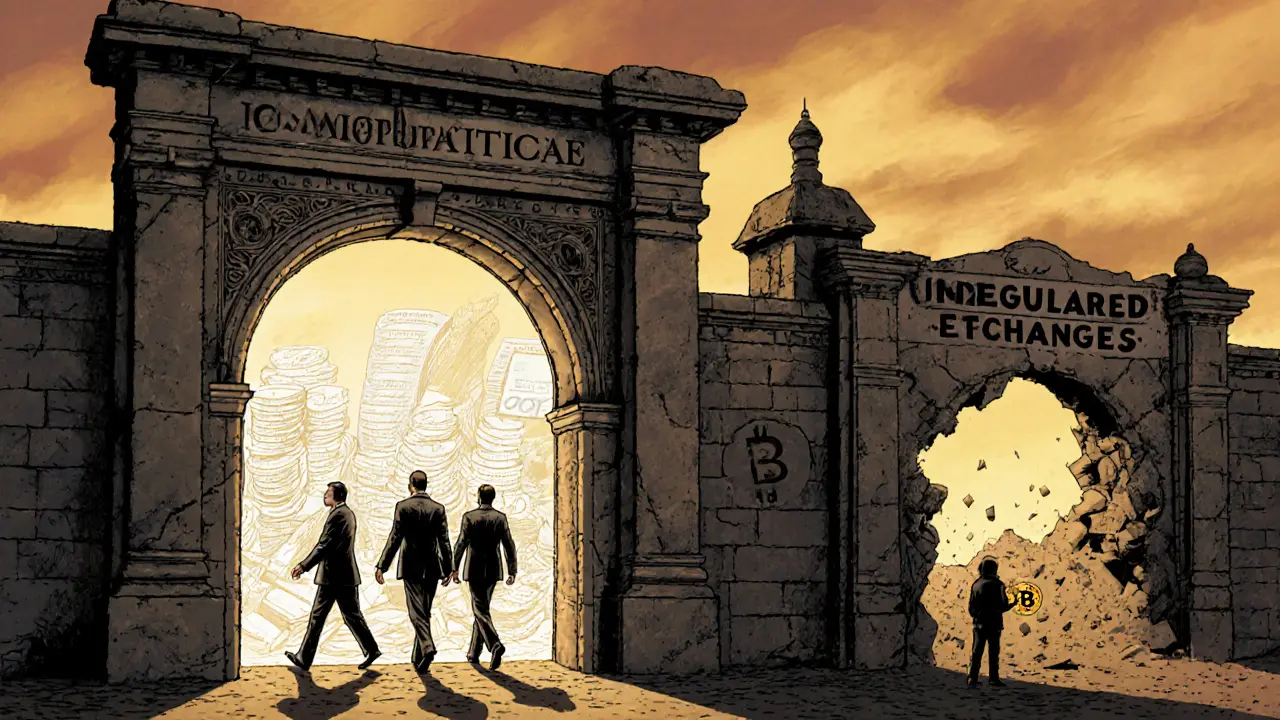 A compliance gate opening to institutional trust as failed exchanges crumble behind it.