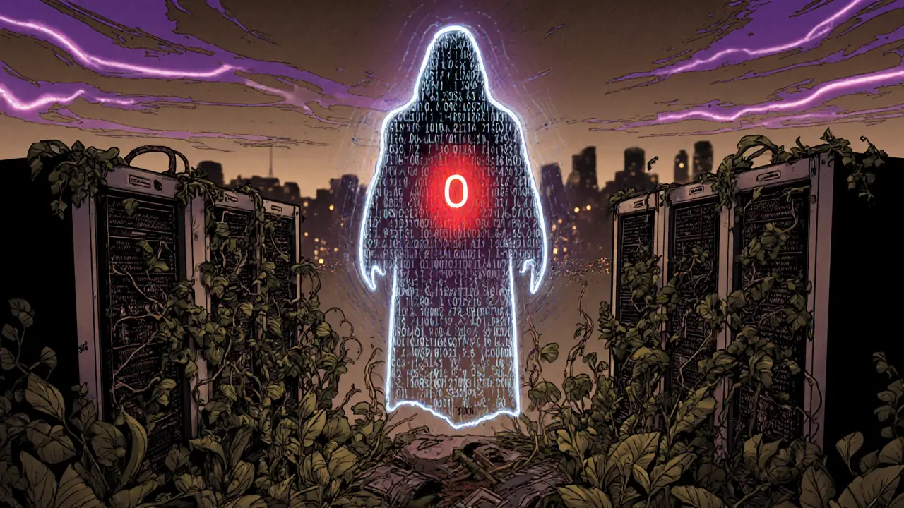 A ghostly blockchain figure above a decaying mining farm, with a glowing &#039;0&#039; where price should be.