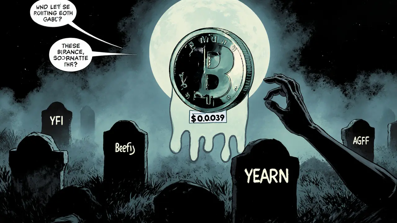 A ghostly HUNNY token floats above a crypto graveyard, with tombstones of once-great DeFi projects in the distance.