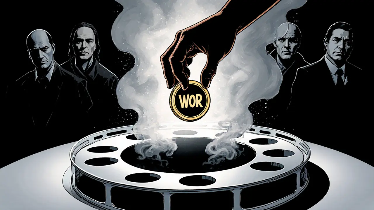 A hand drops a WOR token into a black hole shaped like a film reel, while legitimate crypto projects glow in the background.