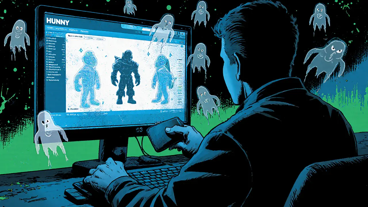 A lone gamer connected to a flickering HUNNY gaming portal, surrounded by ghostly empty trading graphs.