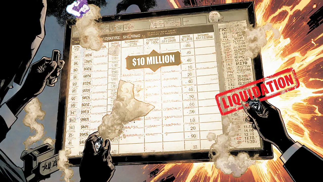 A massive fake sell wall vanishes as price hits it, with shadowy hands manipulating the order book behind the scenes.