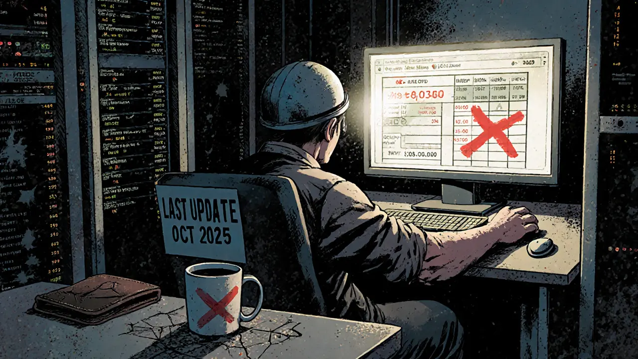 A miner in an abandoned server room facing empty trading screens with crossed-out OCP coins.