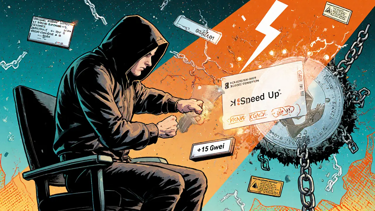 A person slams a &#039;Speed Up&#039; button, breaking chains around a stuck blockchain transaction with a burst of energy.