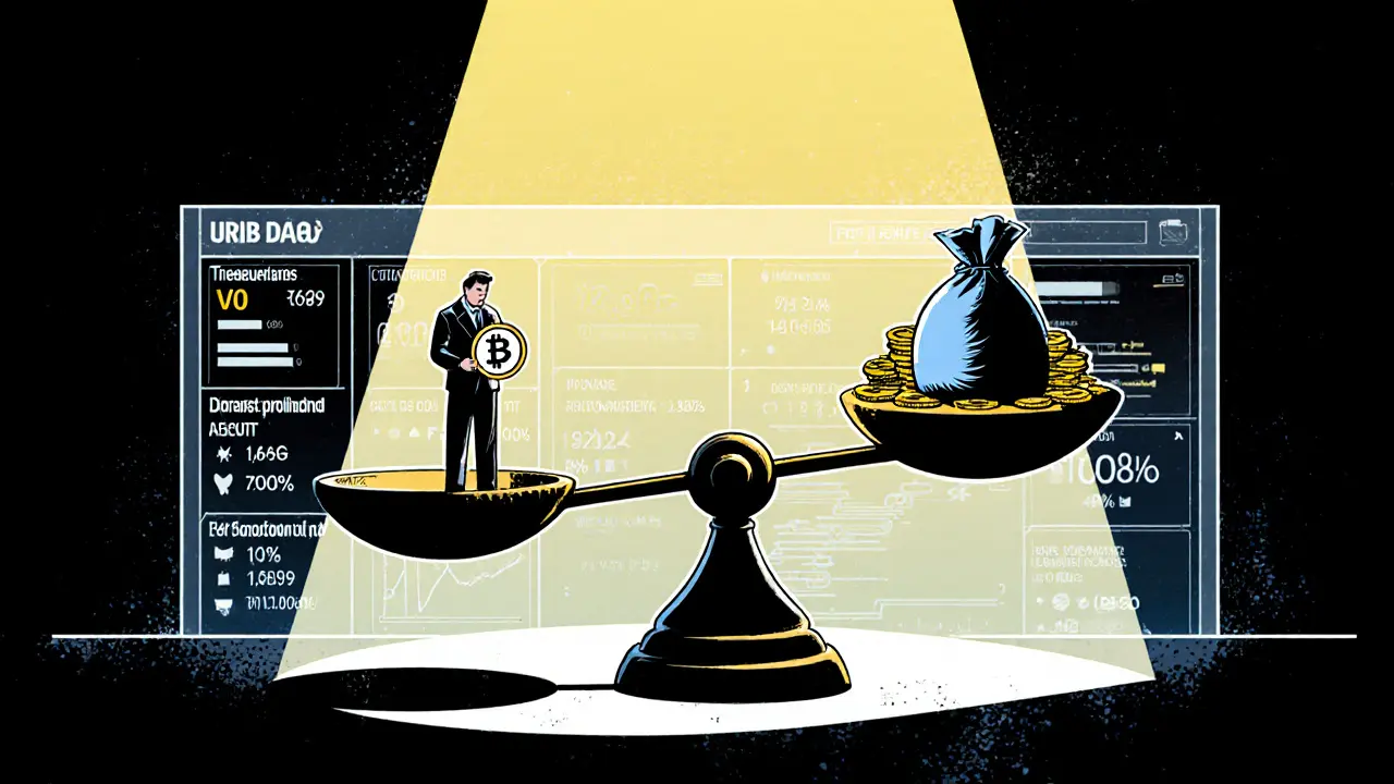 A small holder with one token faces a shadowy whale on a digital voting scale, with DAO dashboard in background.