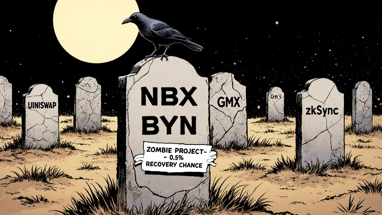 A tombstone for NBX in a crypto graveyard, with thriving projects visible in the distance.