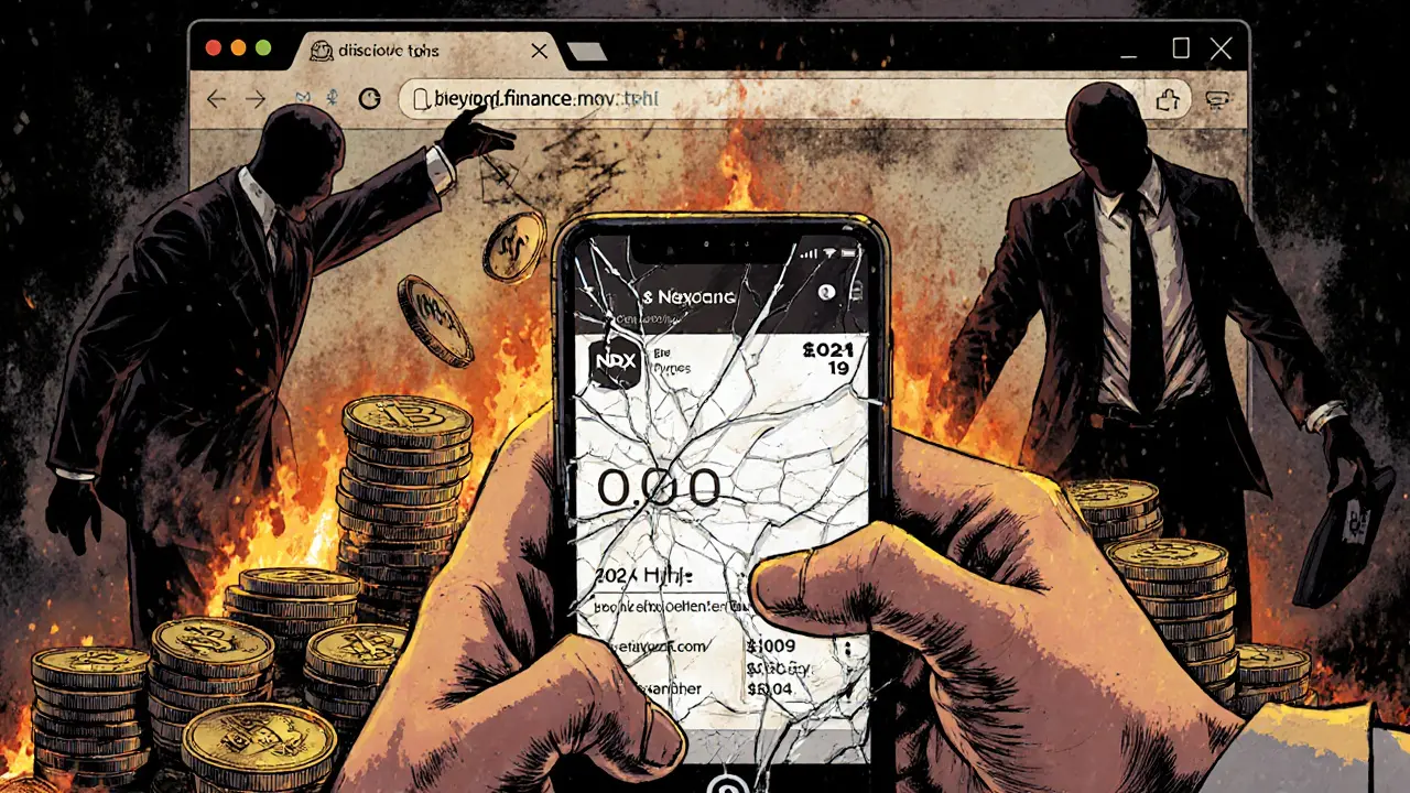 A trader stares at a cracked phone showing NBX’s near-zero price while hype tokens burn behind him.