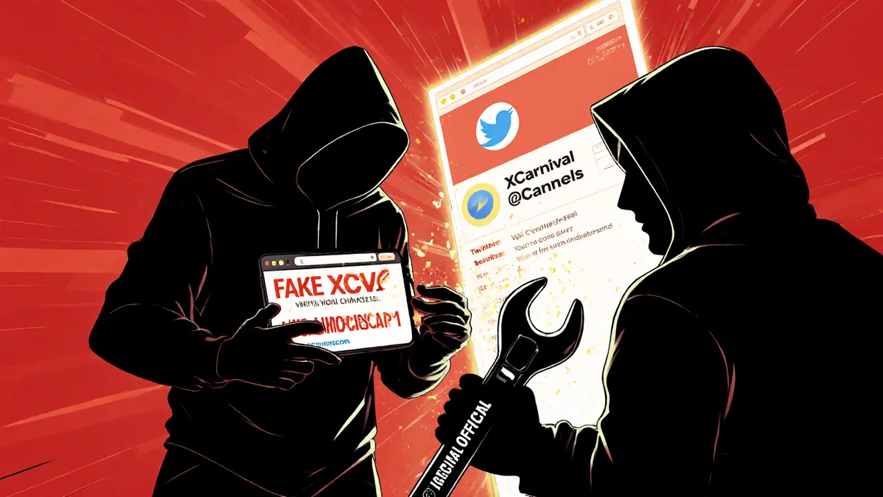 A user defeating a scammer with a wrench while a verified XCarnival website glows in the background.