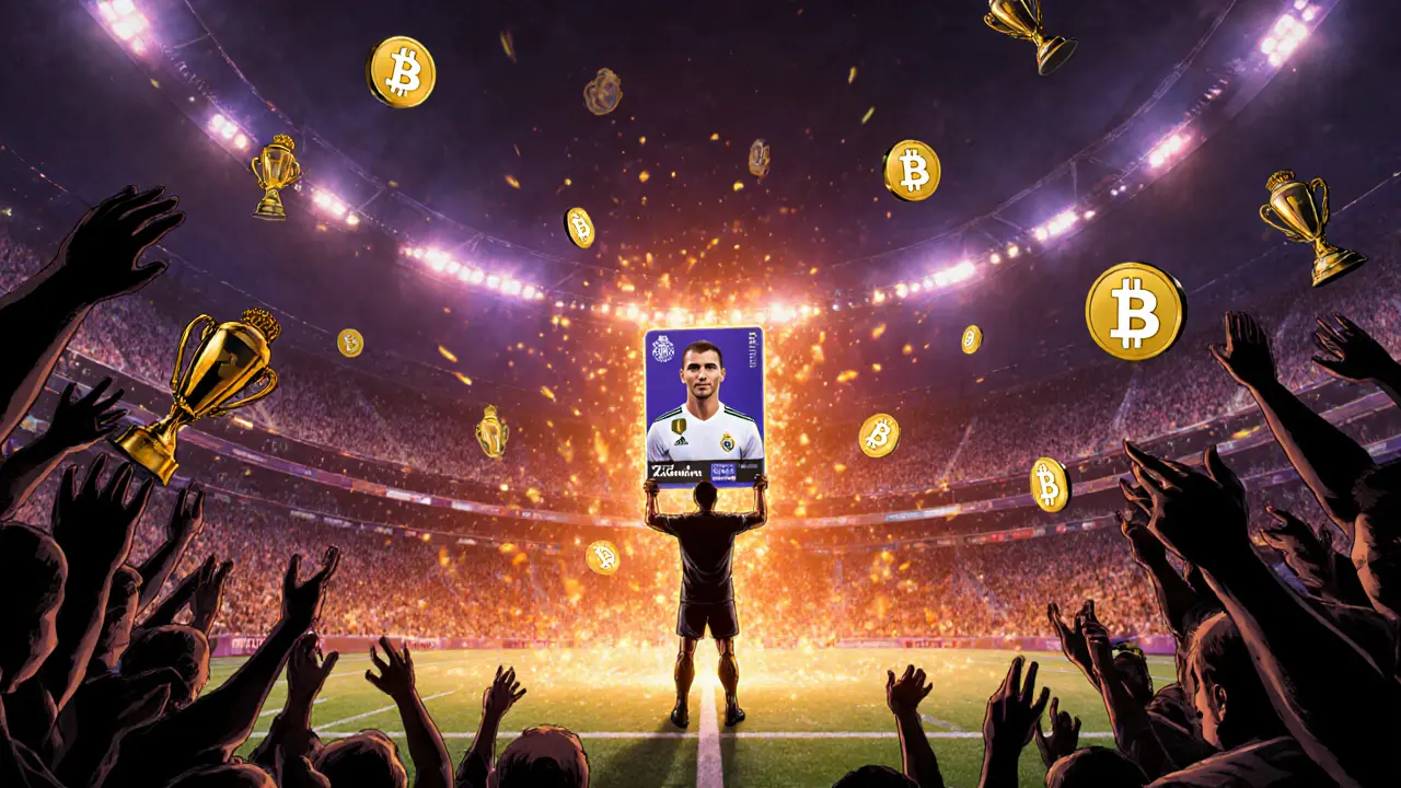 A winner stands in a metaverse arena holding an NFT that projects a hologram of Zidane, surrounded by floating trophies and avatars.