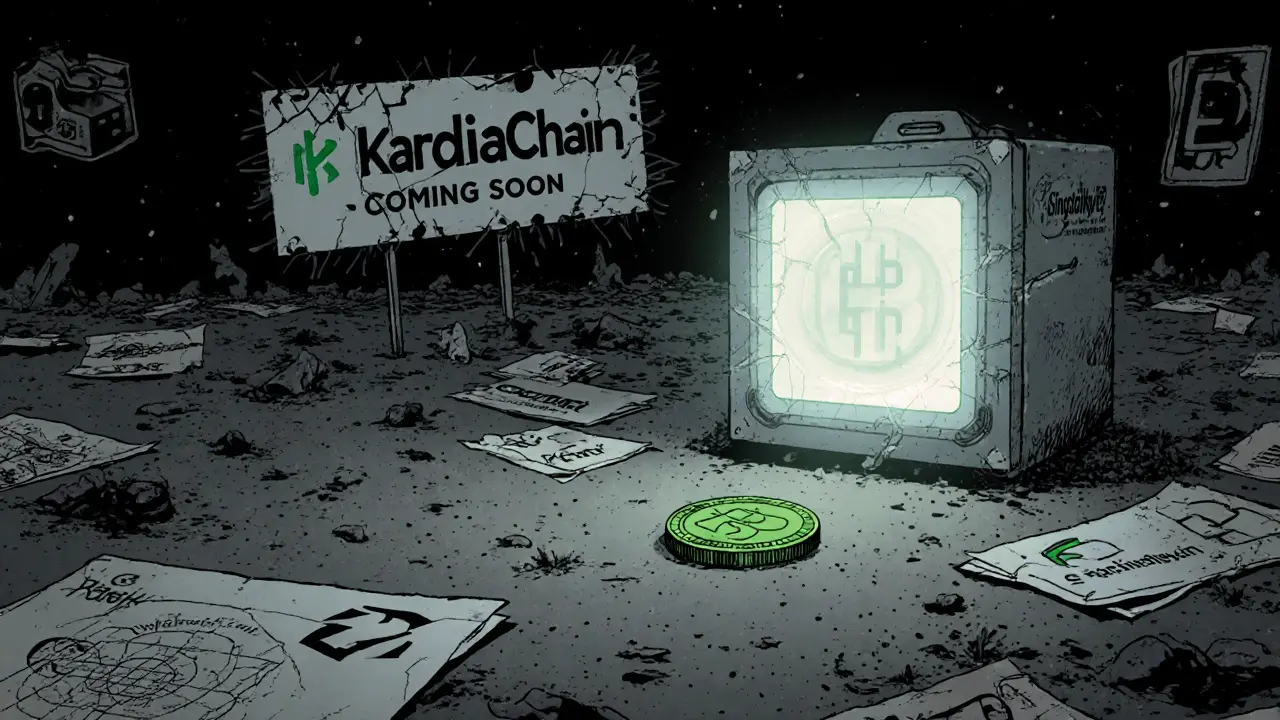 An empty blockchain node in a desolate digital wasteland with a single KAI token rolling on the ground.