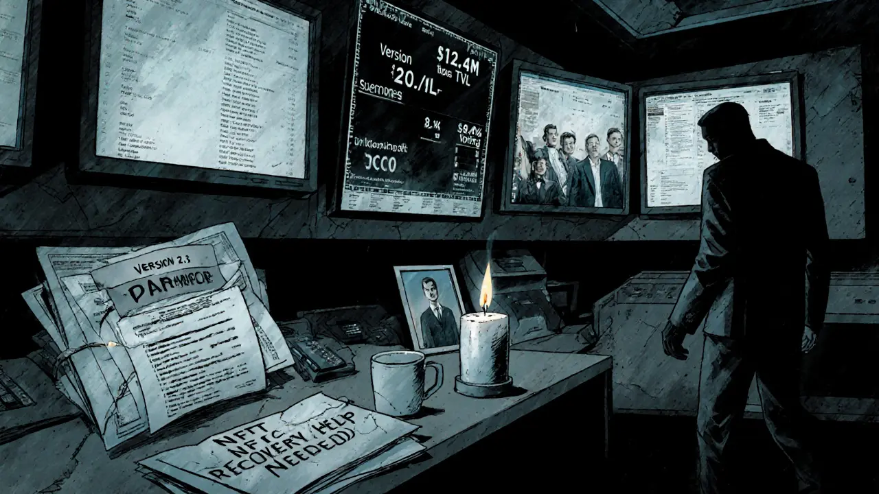 An empty control room with low voting stats and a CEO walking away, candle burning beside a faded team photo.