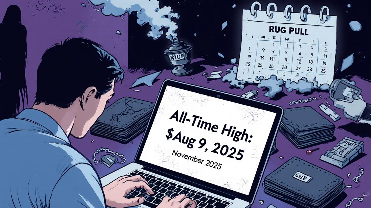 An investor stares at a fake future price on a laptop, surrounded by empty wallets and dissolving blockchain chains.