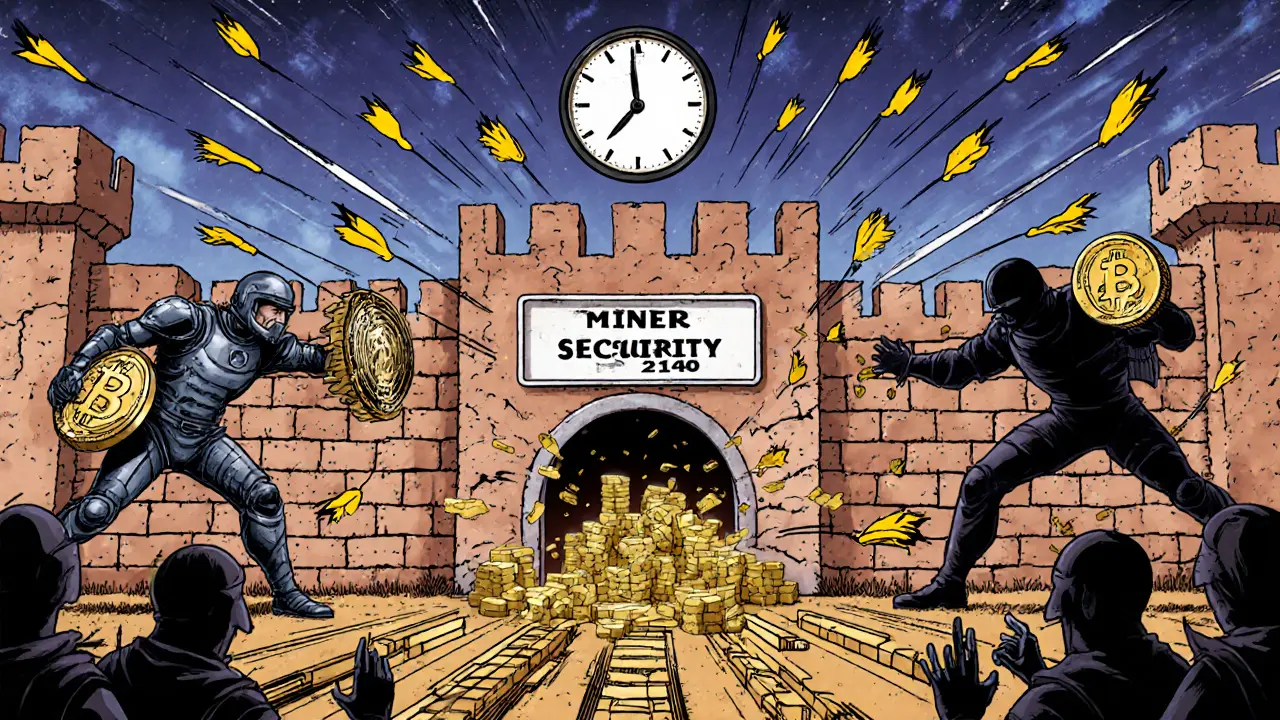 Battlefield of transaction fees defending miner security fortress as clock ticks to 2140 and final bitcoins emerge.