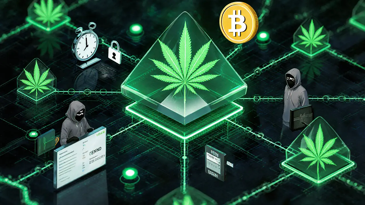Blockchain network linking cannabis plants with digital nodes, users testing testnet, token with lock icon.