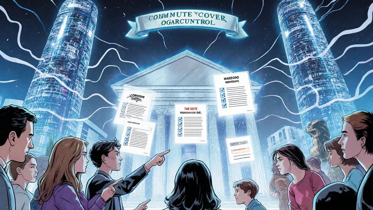 Community gathered around a holographic DAO town hall, delegating votes under glowing blockchain towers.