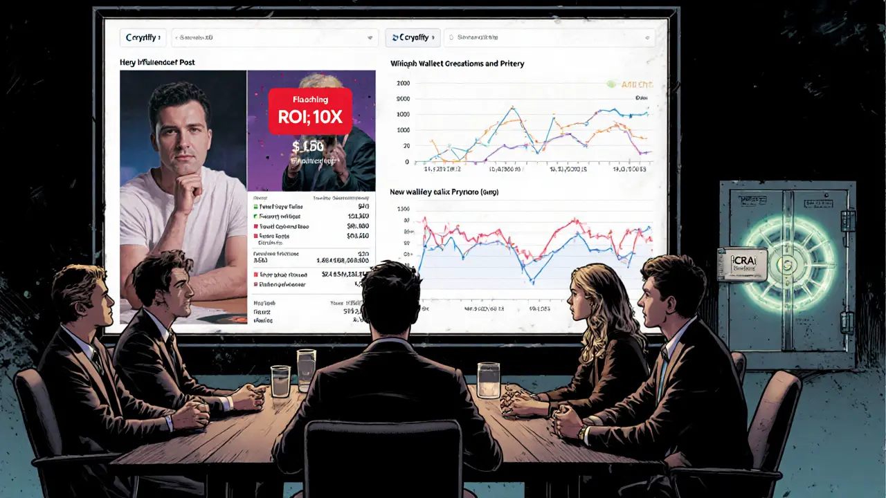 Crypto team analyzing influencer marketing ROI on a screen with a glowing treasury vault in background.
