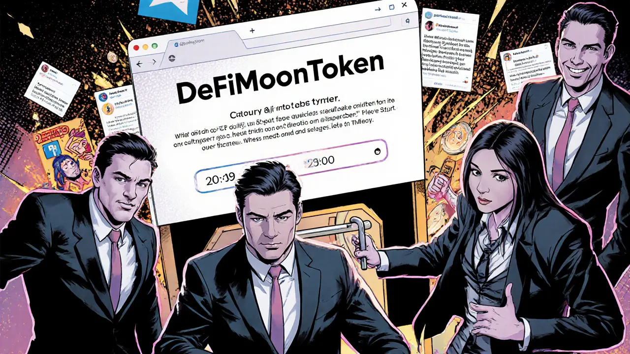 Deceptive crypto team smiles as they secretly unlock a trapdoor beneath a fake liquidity lock.