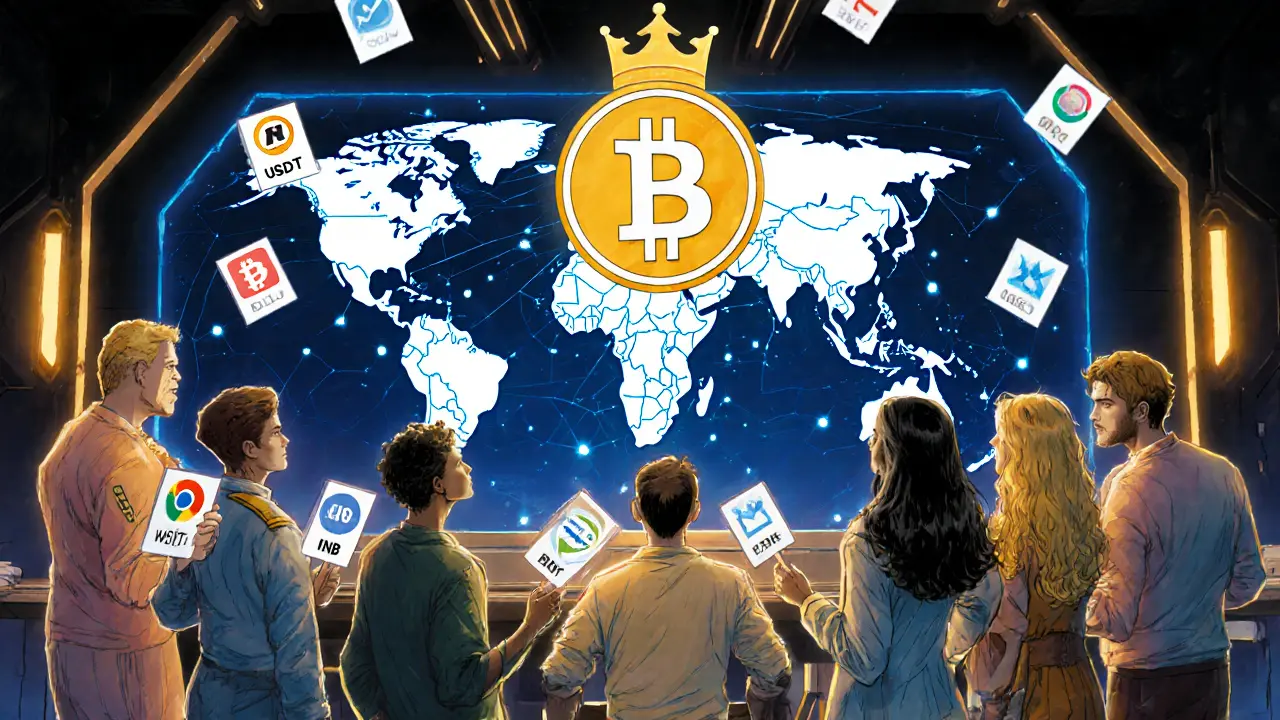 DeFi users watching a holographic blockchain map with RDNT as a crown, surrounded by voting and reward icons.