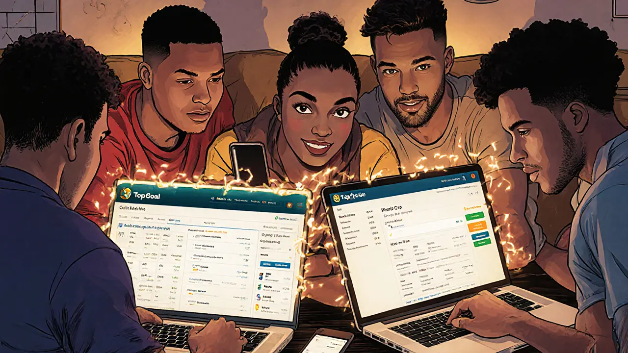 Fans use devices to complete TopGoal and CoinMarketCap airdrop steps in a cozy room with digital screens glowing.