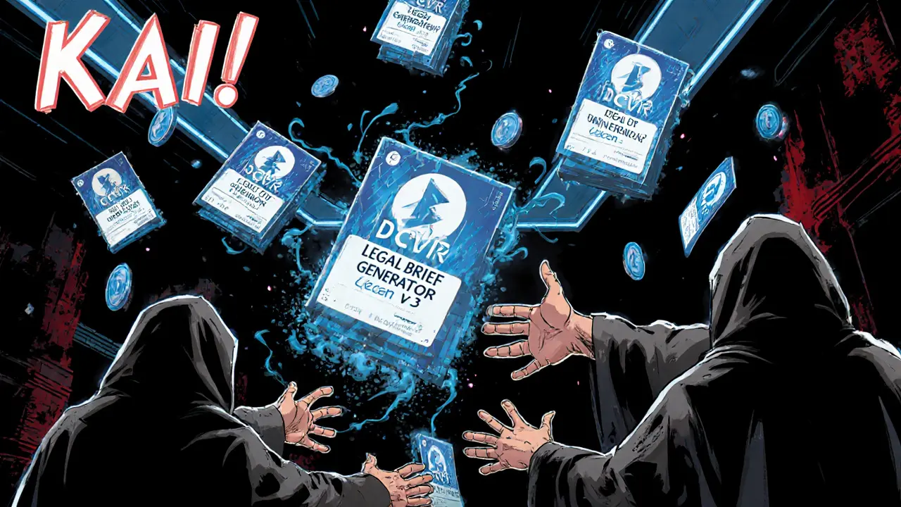 Floating DCVR NFTs in a digital marketplace, buyers reaching for AI technique tokens.