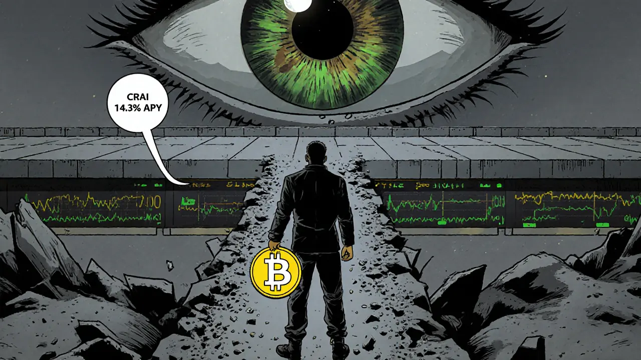 Investor holding CRAI token on a crumbling trading chart bridge under a watching AI eye.