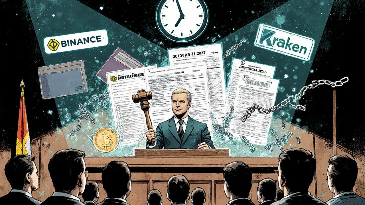 Judge gavel strikes blockchain ledger in courtroom as holographic wallets and tax forms surround the scene.