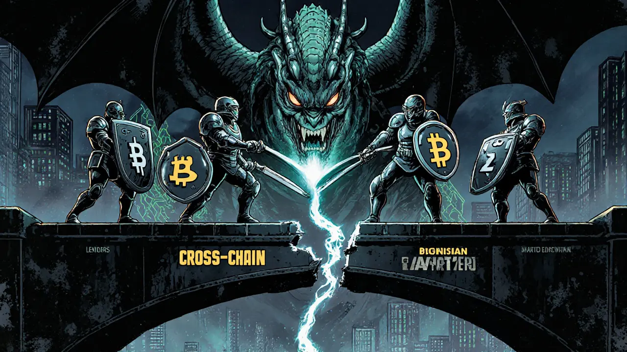 Lenders and borrowers united against a cross-chain dragon, wielding tokens as weapons in a futuristic battle.