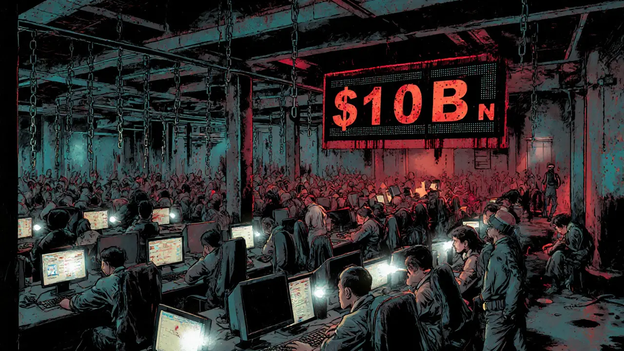 Massive scam factory in Shwe Kokko with workers trapped at computers, armed guards patrolling, B crypto flowing overhead.