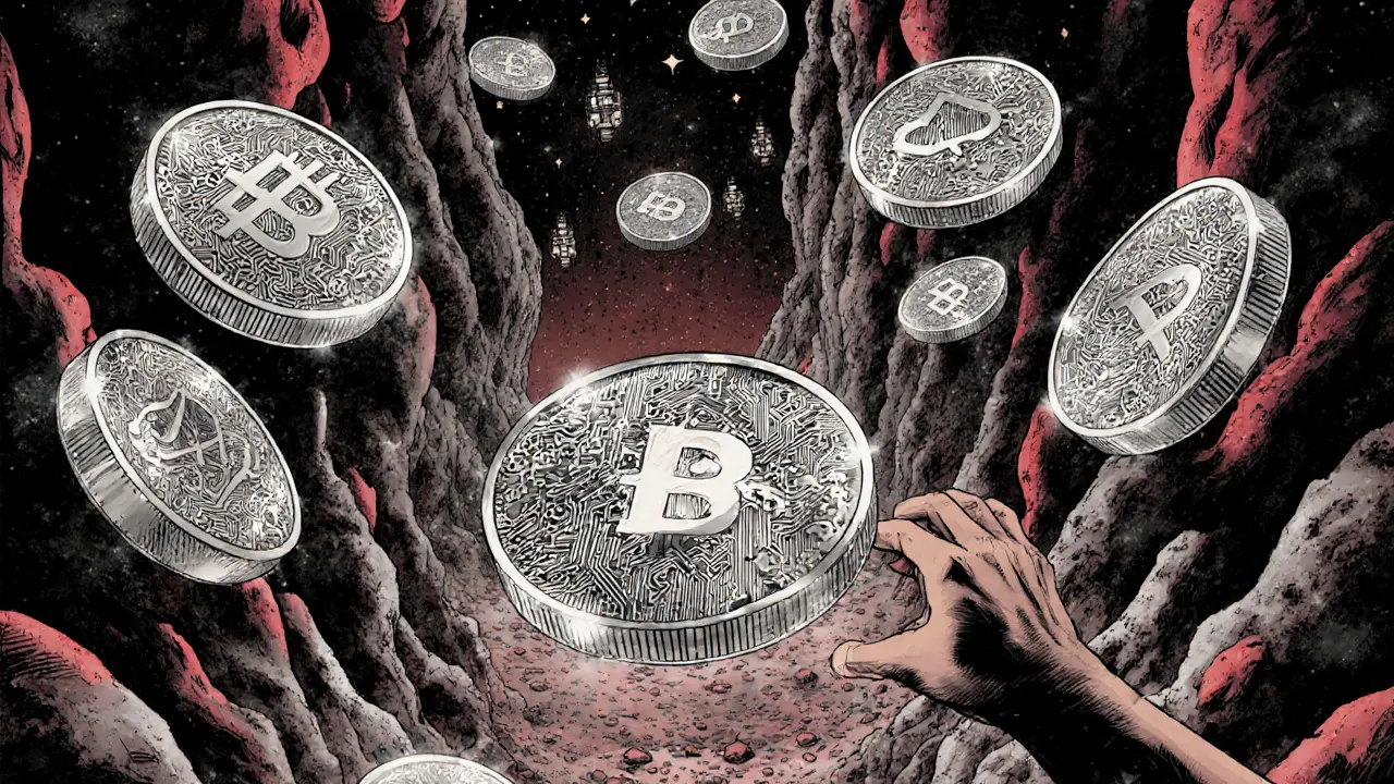 One thousand unique NFTs floating like artifacts in a cosmic mine shaft, each with circuitry and IP symbols.