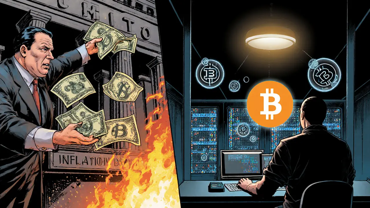 Split scene: central bank burning fiat money vs. miner maintaining Bitcoin&#039;s halving schedule with glowing 21 million cap.
