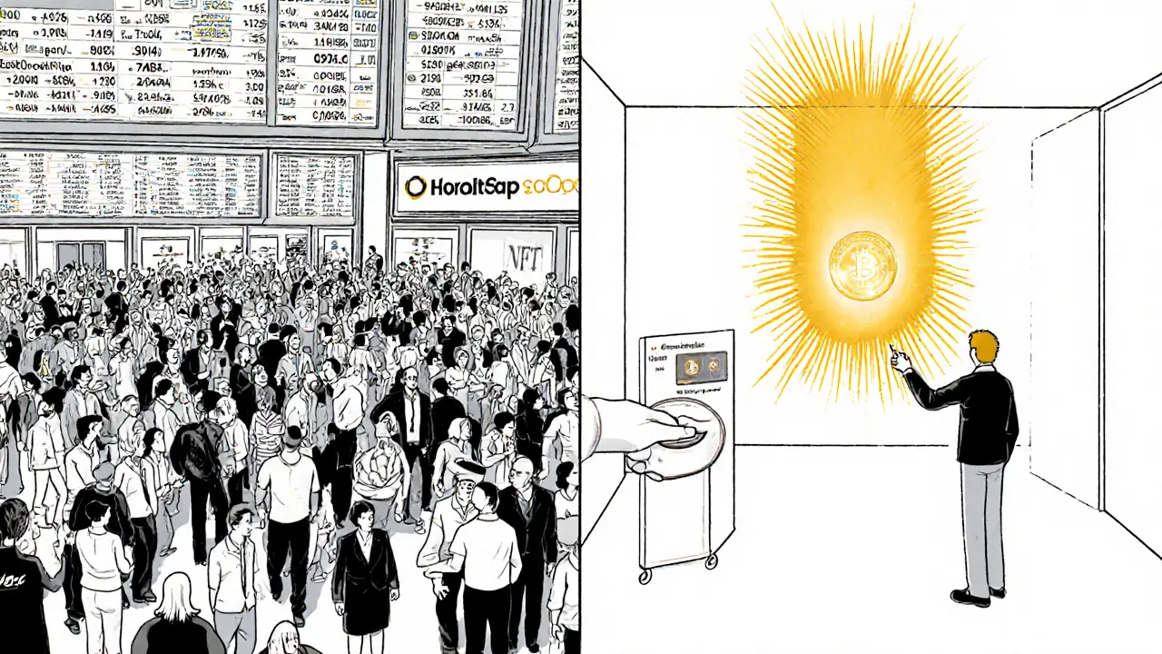 Split scene: chaotic crypto trading floor vs. one calm person claiming an NFT with golden light bursting forth.