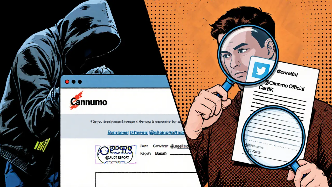 Split scene: hacker stealing keys vs. user verifying official Cannumo audit and Twitter badge.