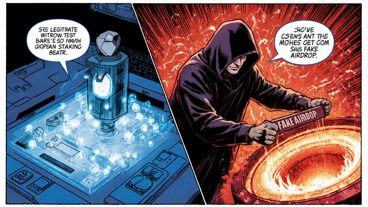 Split scene: legitimate staking on left, scammer draining wallet on right, contrasting colors.