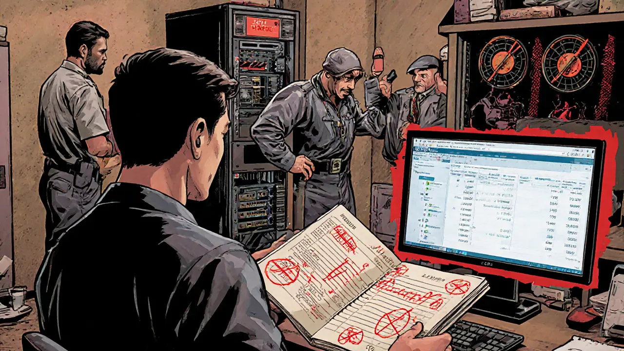 Tax auditor seizing mining equipment while a miner stares at a frozen payout notification.