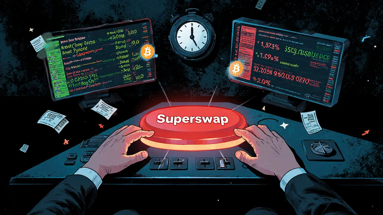 Trader interacting with a holographic Superswap interface, showing cross-chain trades and low gas fees in a dark room.
