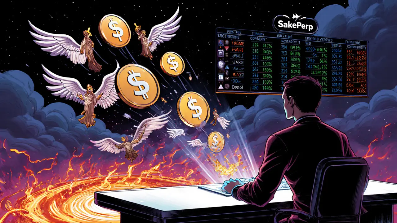 Trader making rapid trades on a holographic terminal, SakePoints bursting into the air.