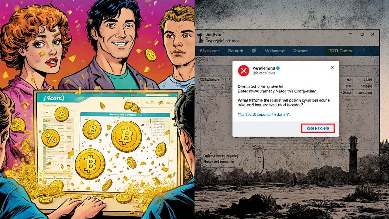 Two-panel comic contrast: vibrant 2021 DeFi boom vs. desolate 2025 platform with failed transactions and abandoned support.
