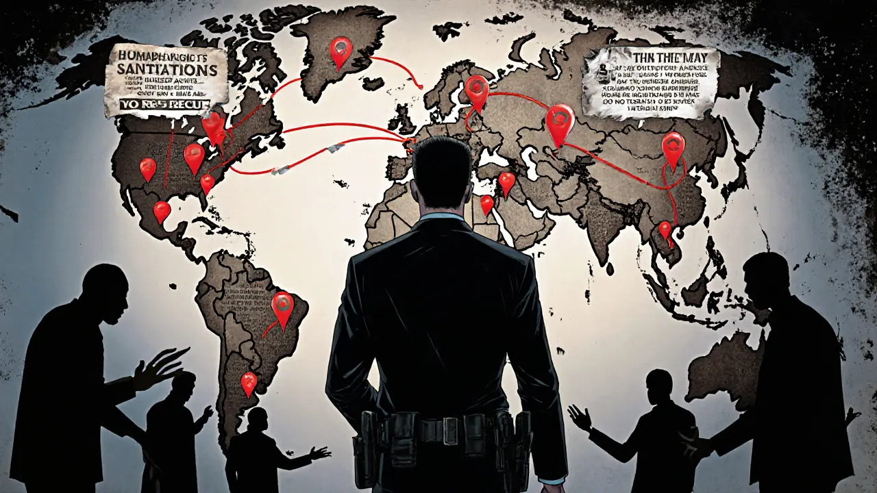 U.S. agent examining map linking Myanmar scams to global crypto hubs, ghostly victims reaching out, sanctions stamps covering locations.