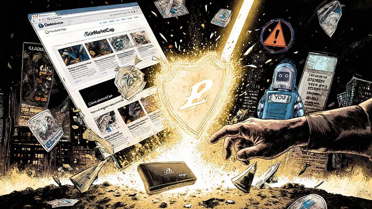 Wallet protected by hardware device, fake ECIO scams exploding, official CoinMarketCap page glowing in distance.