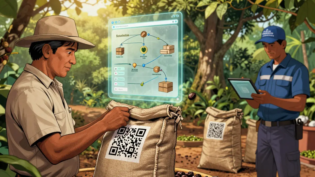 A coffee farmer scans a QR code to reveal a floating blockchain ledger tracking sustainable supply chain steps under a sunlit canopy.
