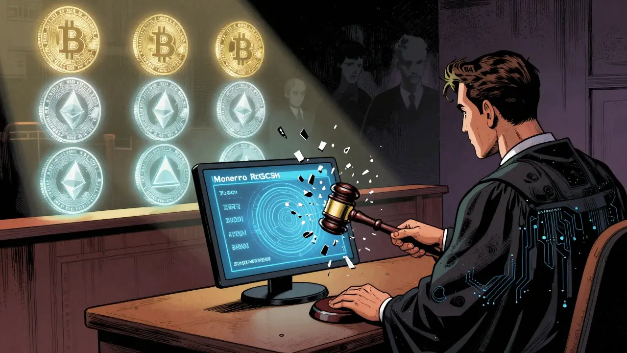 A courtroom scene where privacy coins shatter under a gavel while transparent cryptocurrencies glow safely beside them.