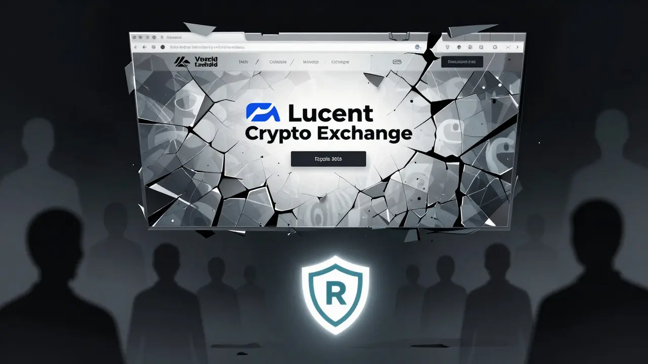 A crumbling fake exchange website fades in a digital void as real exchange logos glow brightly in the foreground.