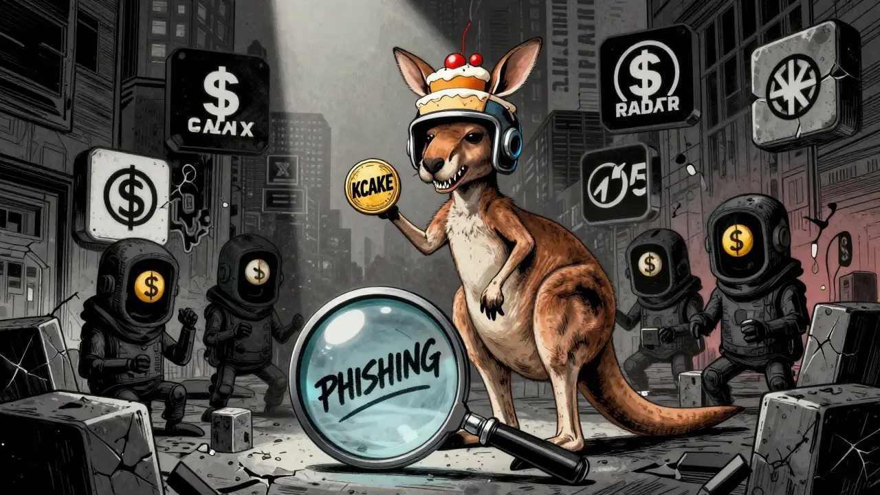 A deceptive kangaroo holding a fake KCAKE token is exposed by a magnifying glass revealing phishing signs.