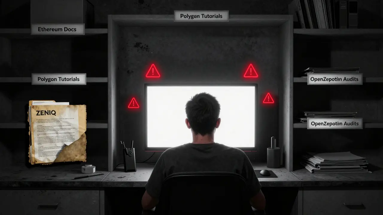 A developer faces a blank screen surrounded by empty developer resources, with one dusty folder labeled ZENIQ.