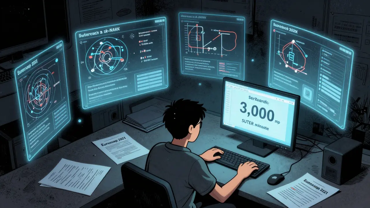 A developer surrounded by holograms of Suterusu's cryptographic research in a dim room.