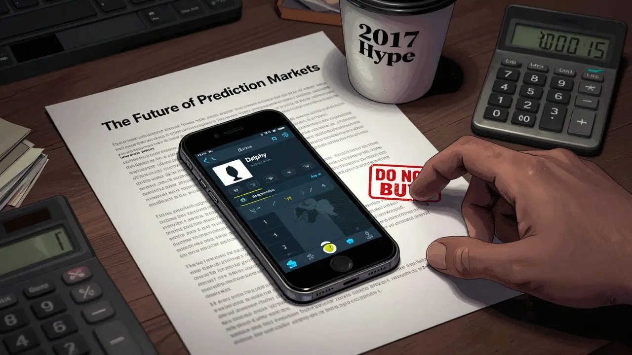 A dusty phone shows a dead Delphy app beside a 2017 whitepaper and a 'DO NOT BUY' stamp.