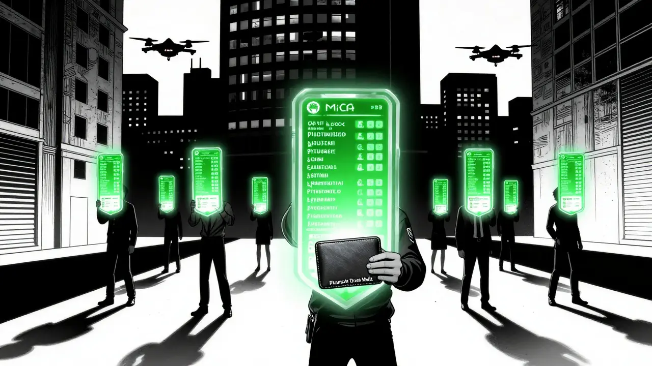 A dystopian city where citizens’ crypto activity glows above them, while one person uses a privacy wallet to shield themselves.