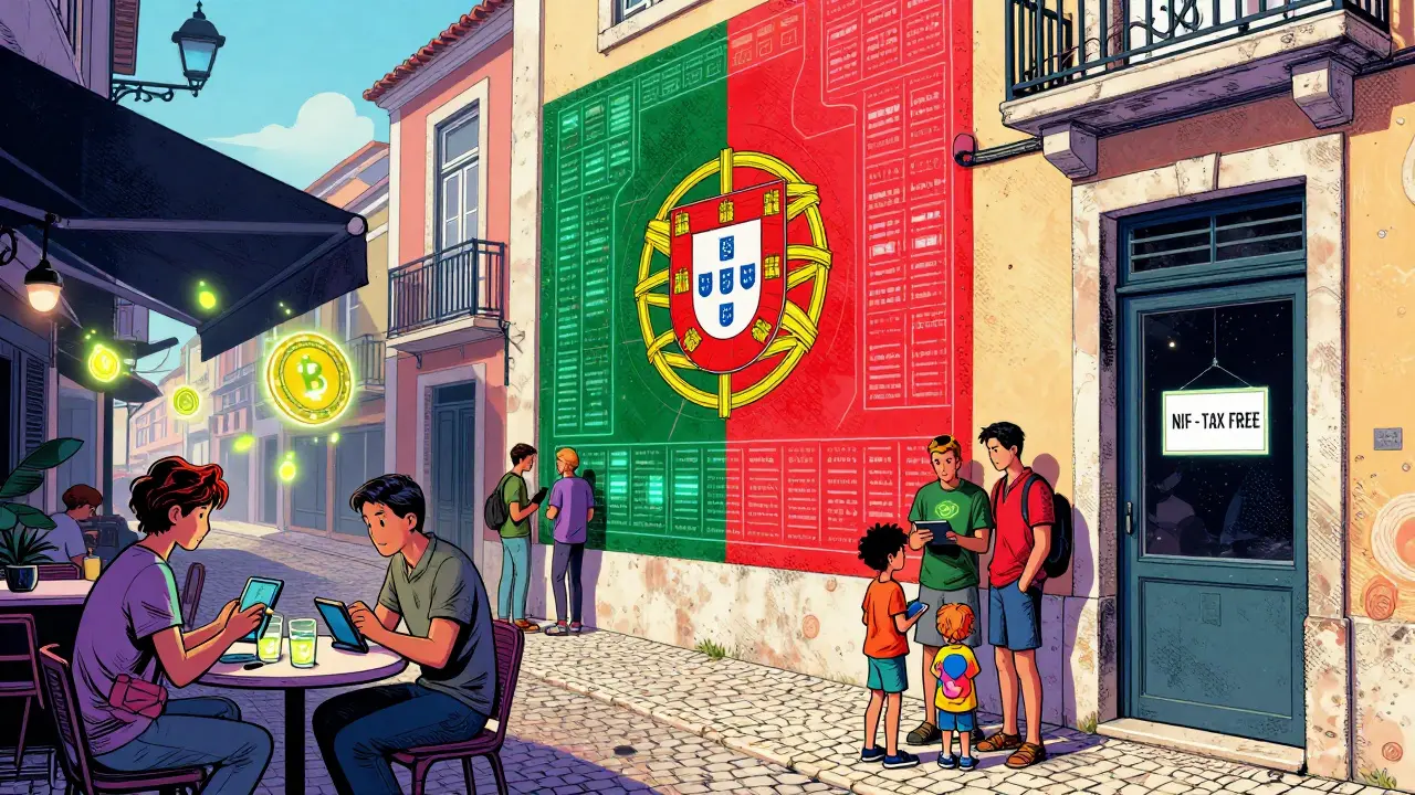 A futuristic Lisbon street with floating crypto tokens, digital art exchanges, and a blockchain-themed mural, family renting a tax-free apartment.